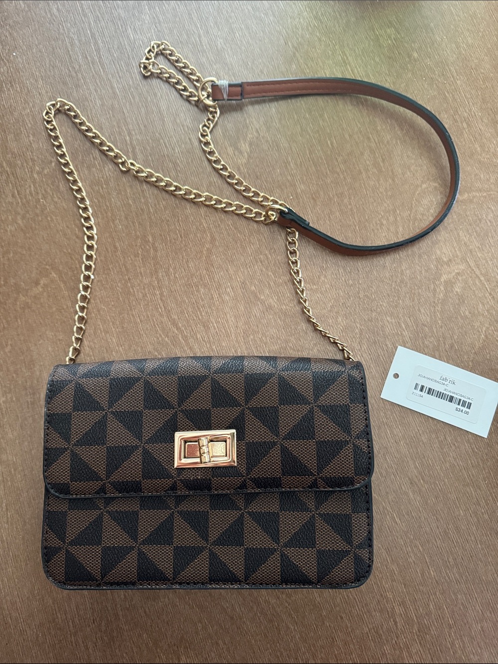 fab'rik Brown Geometric Crossbody with Gold Chain